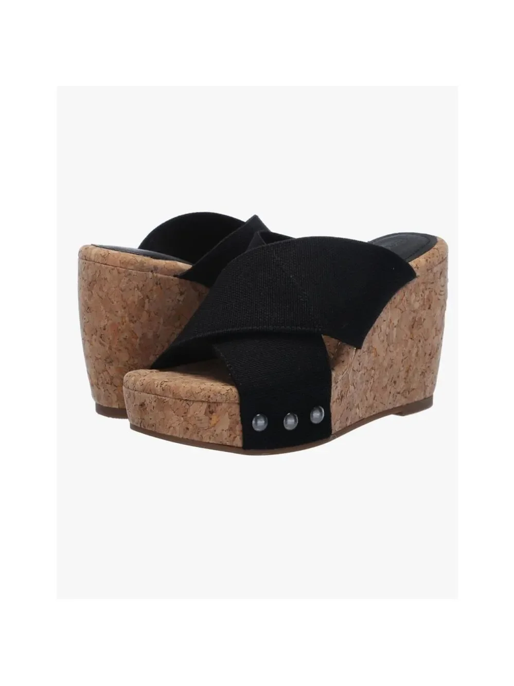 Lucky Brand Studded Criss-cross Cork Platform Wedge Slip On Sandals - 10 M BLACK